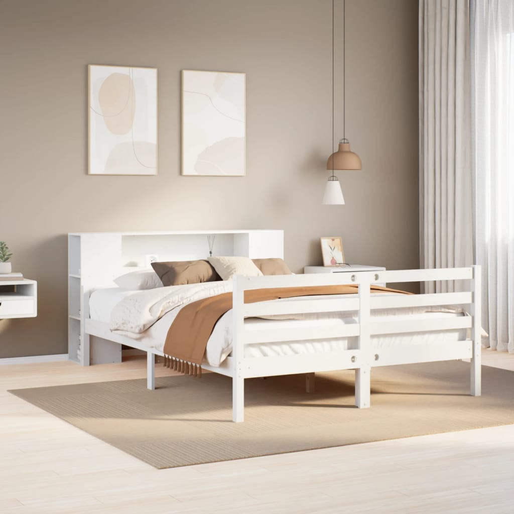 Seng med bokhylle uten madrass hvit 150x200 cm heltre furu