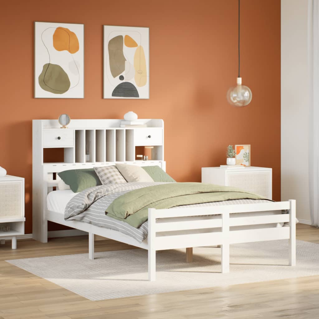 Seng med bokhylle uten madrass hvit 135x190 cm heltre furu