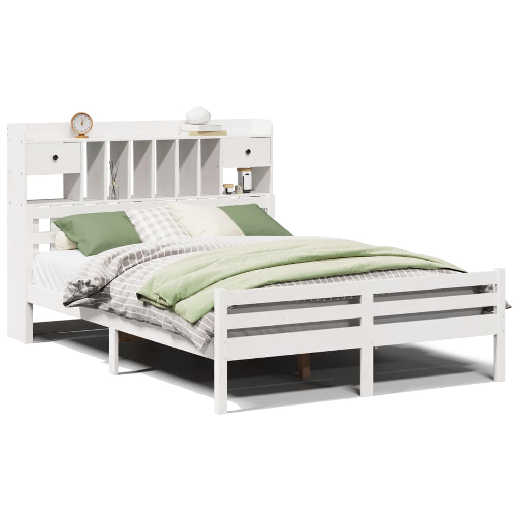 Seng med bokhylle uten madrass hvit 150x200 cm heltre furu