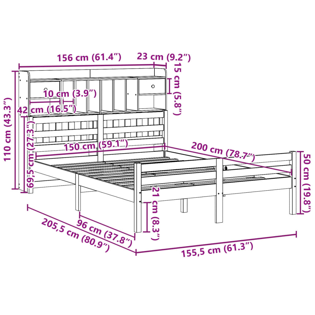 Seng med bokhylle uten madrass hvit 150x200 cm heltre furu
