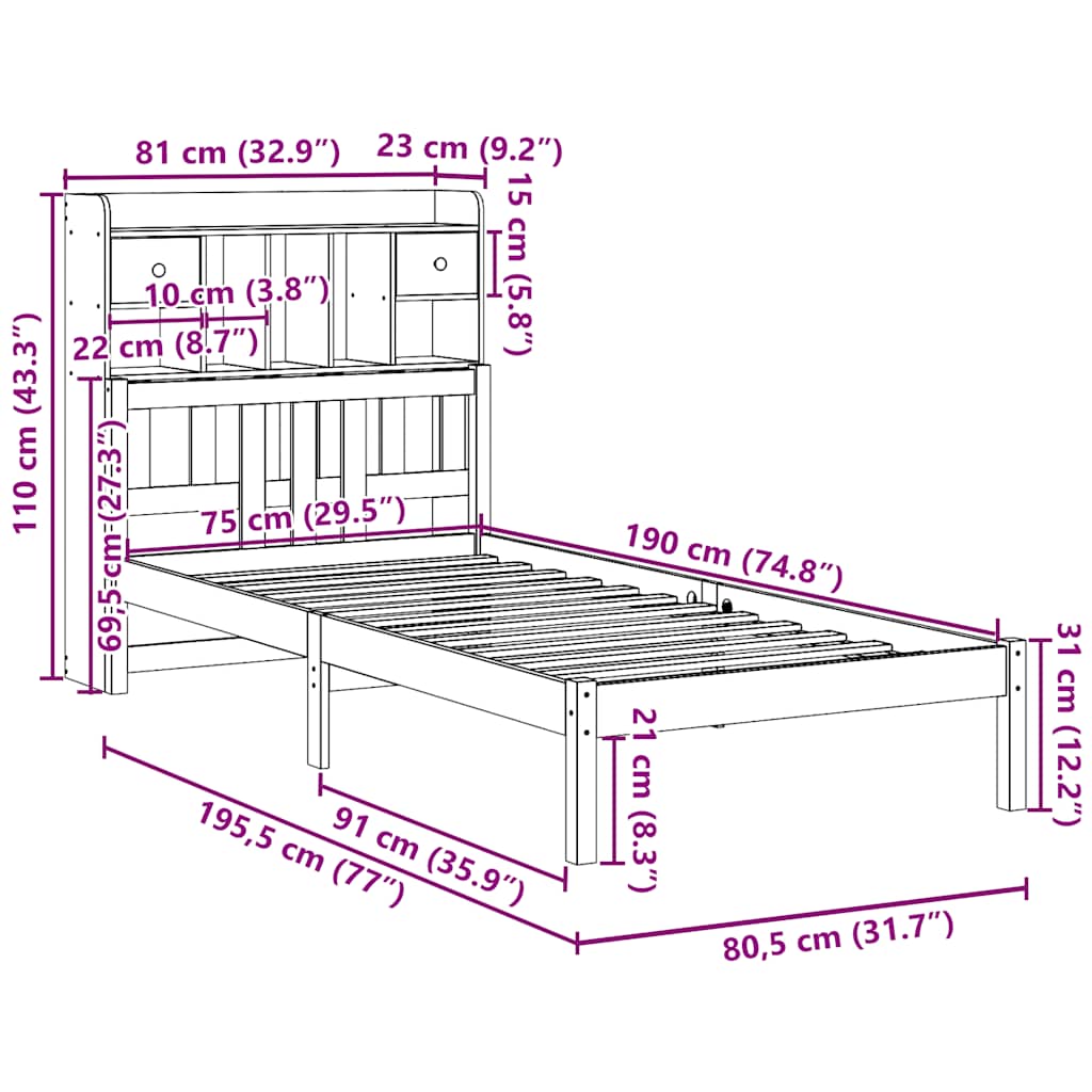 Seng med bokhylle uten madrass 75x190 cm heltre furu