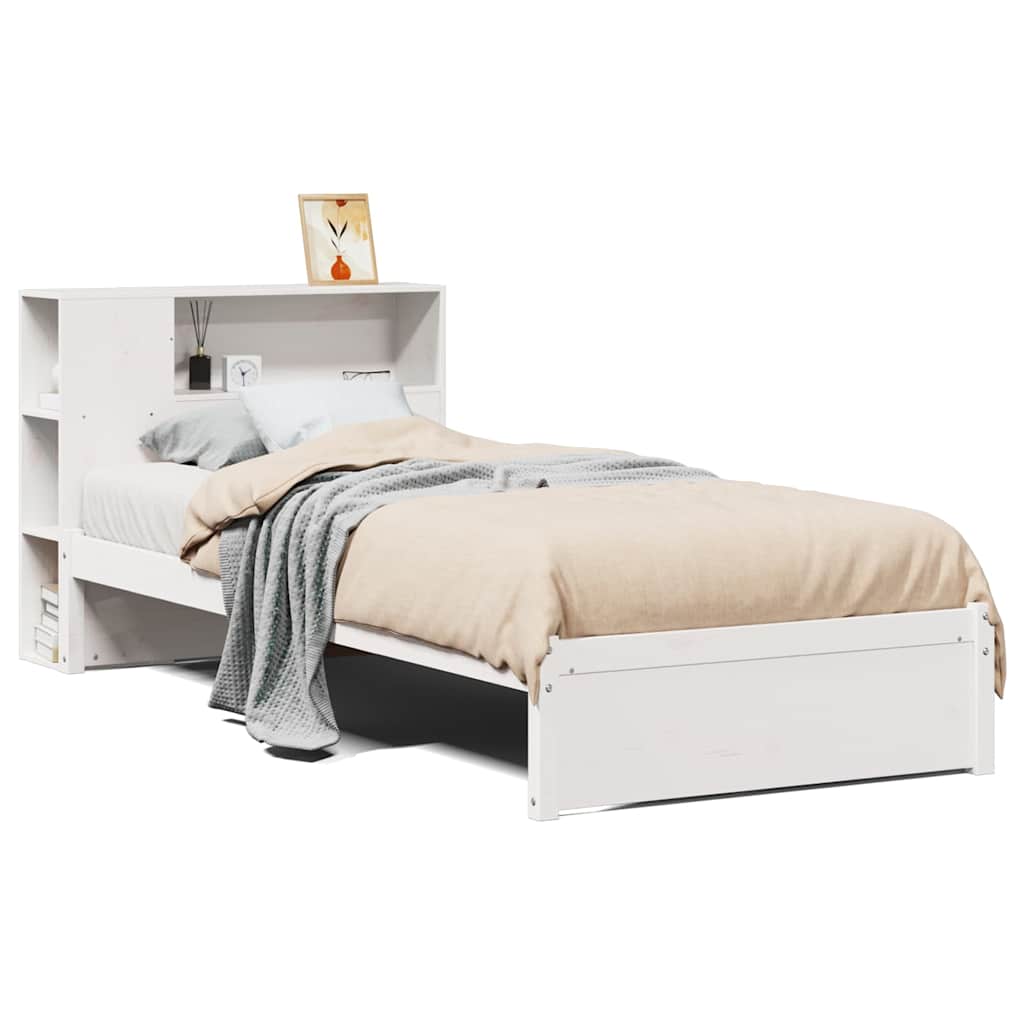 Seng med bokhylle uten madrass hvit 75x190 cm heltre furu
