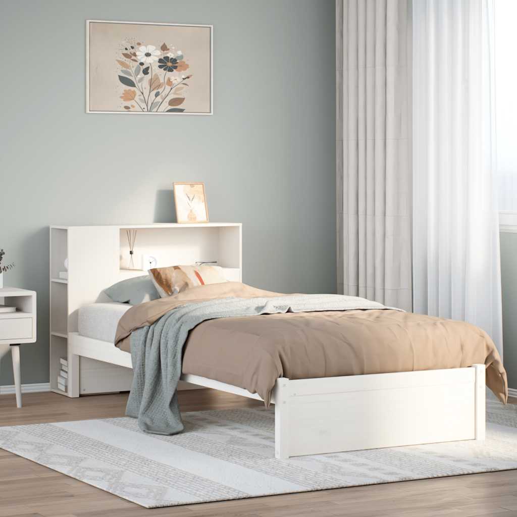 Seng med bokhylle uten madrass hvit 75x190 cm heltre furu
