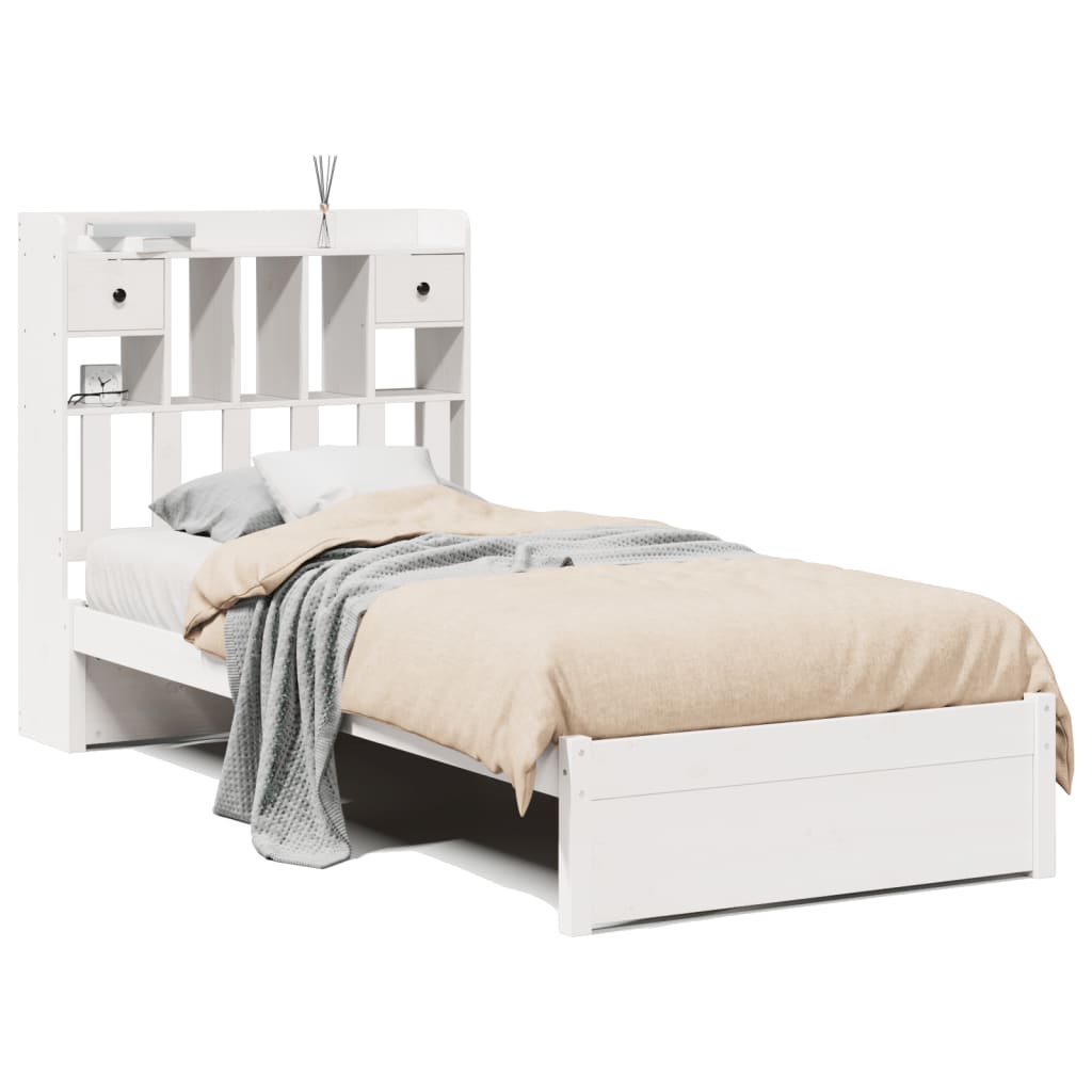 Seng med bokhylle uten madrass hvit 75x190 cm heltre furu