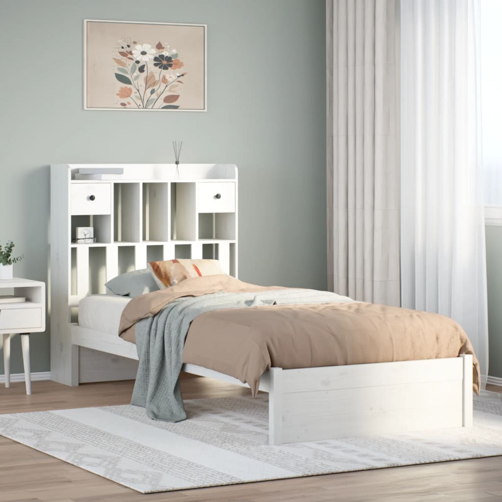 Seng med bokhylle uten madrass hvit 75x190 cm heltre furu