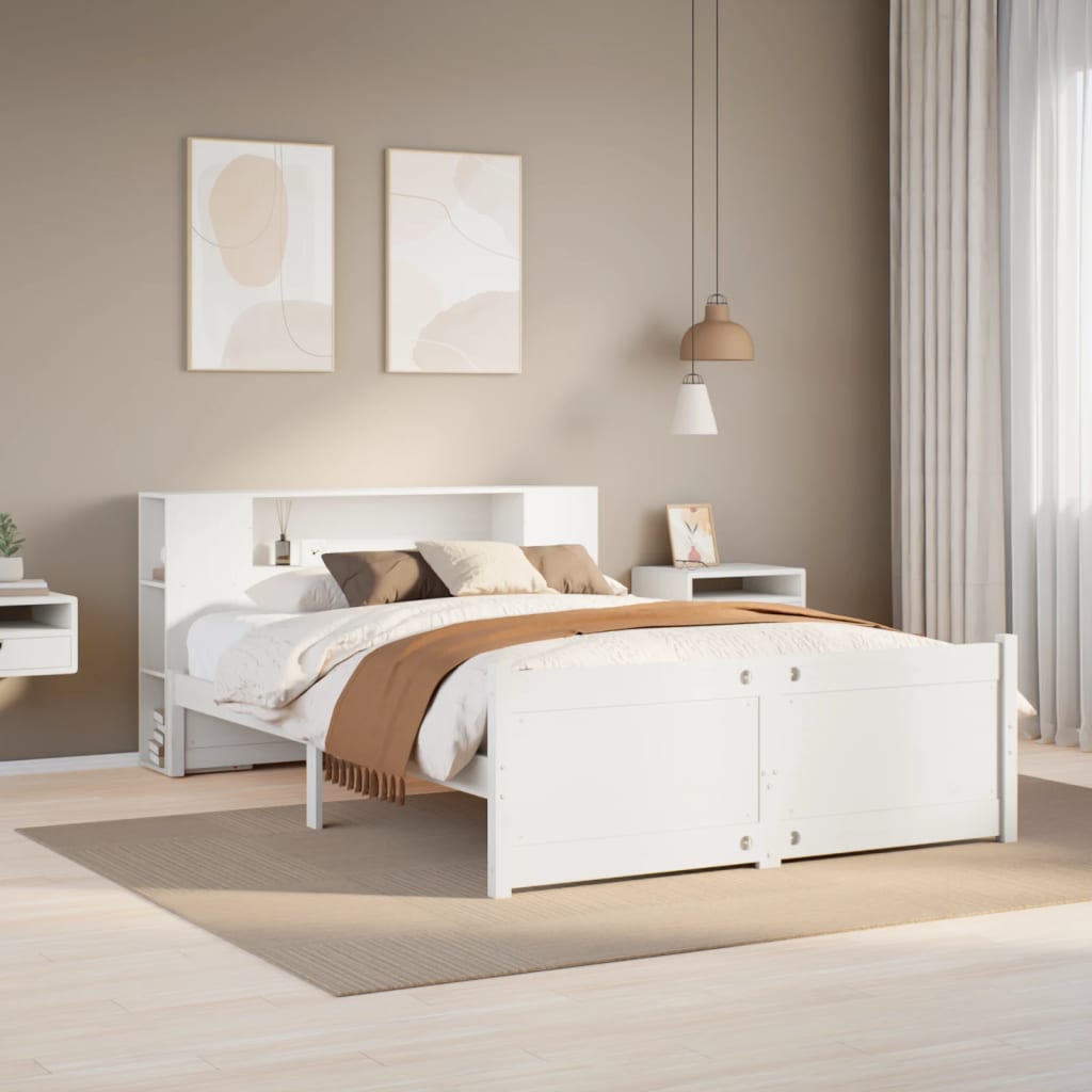 Seng med bokhylle uten madrass hvit 160x200 cm heltre furu