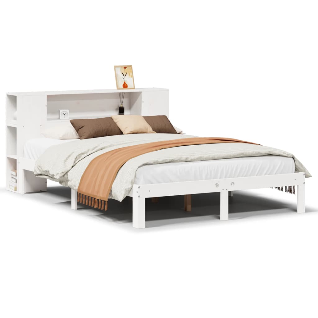 Seng med bokhylle uten madrass hvit 135x190 cm heltre furu