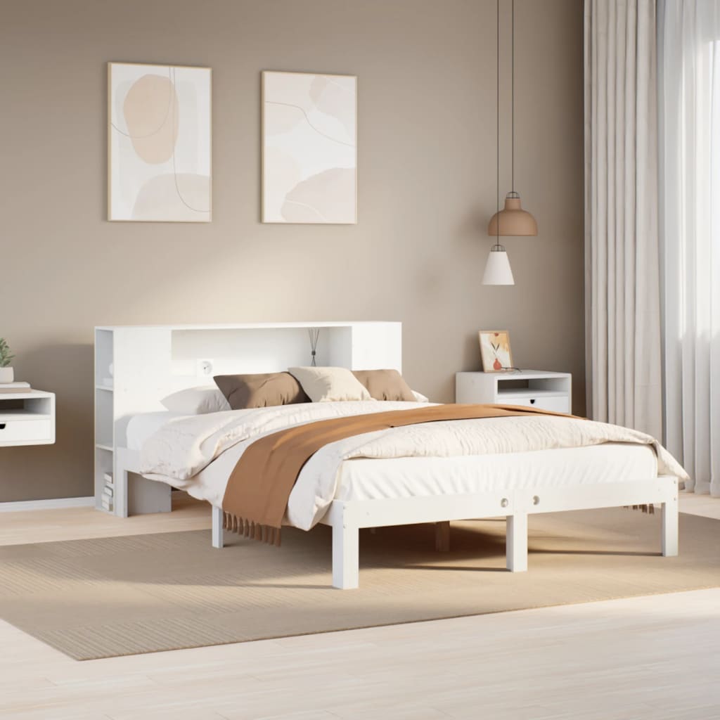 Seng med bokhylle uten madrass hvit 140x200 cm heltre furu