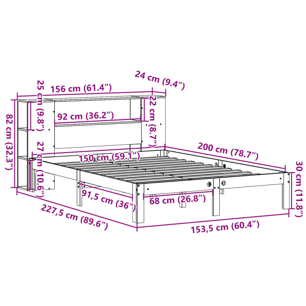 Seng med bokhylle uten madrass hvit 150x200 cm heltre furu