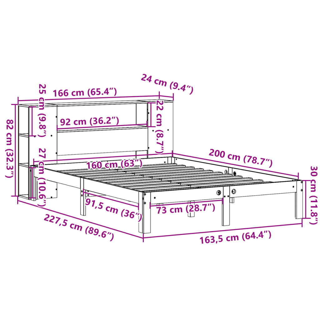Seng med bokhylle uten madrass hvit 160x200 cm heltre furu