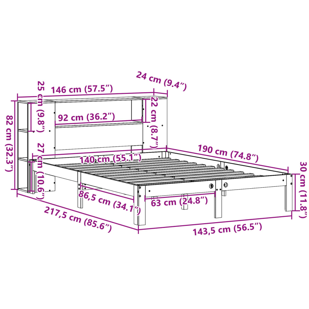Seng med bokhylle uten madrass voksbrun 140x190 cm heltre furu