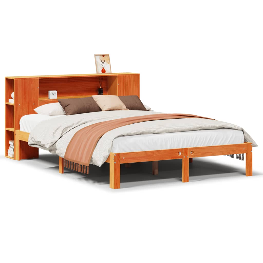 Seng med bokhylle uten madrass voksbrun 140x200 cm heltre furu