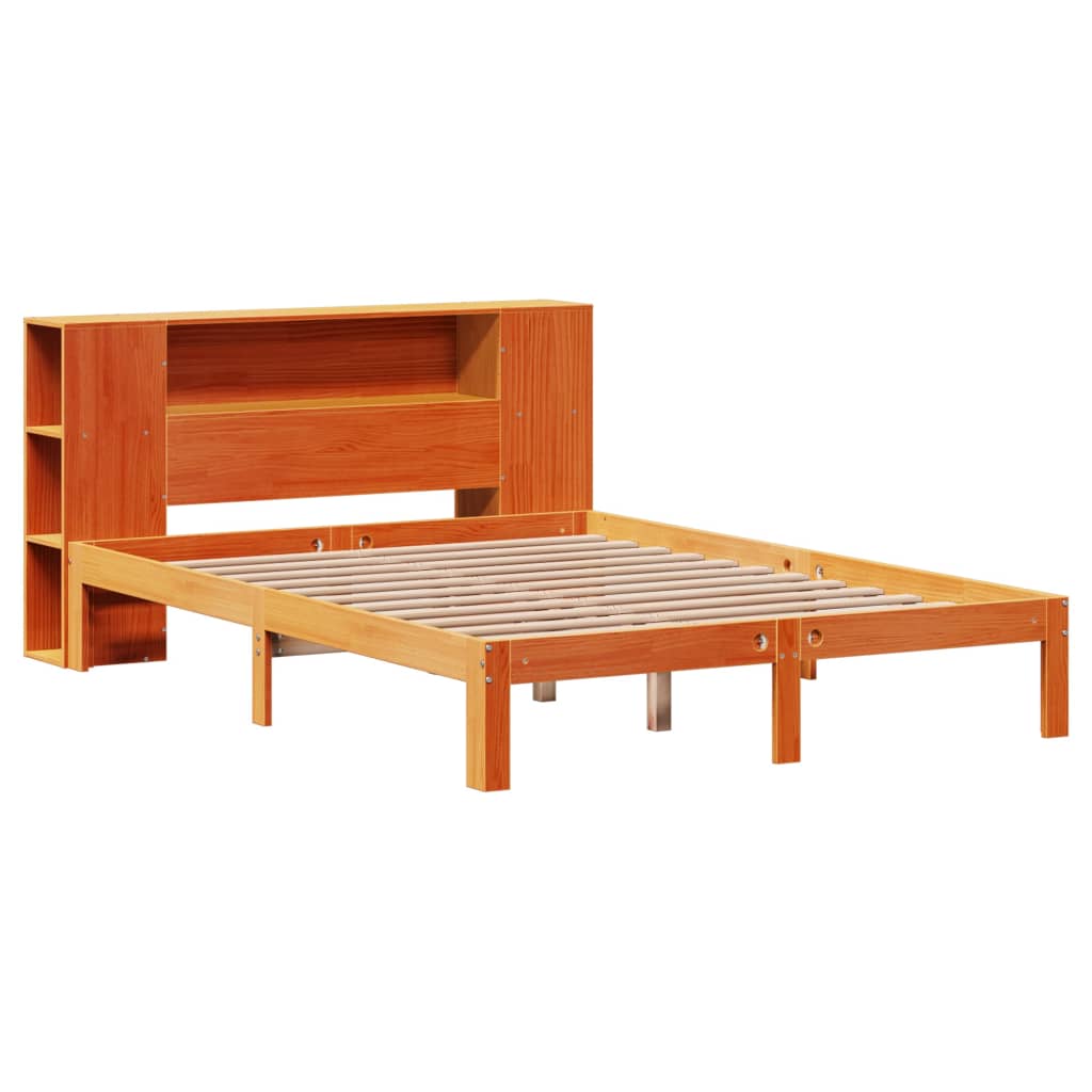 Seng med bokhylle uten madrass voksbrun 140x200 cm heltre furu