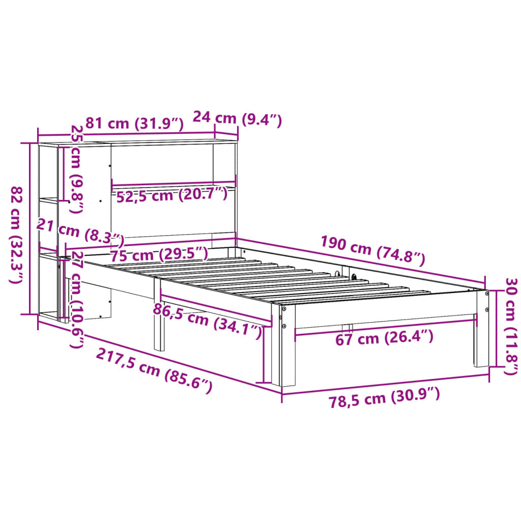 Seng med bokhylle uten madrass hvit 75x190 cm heltre furu