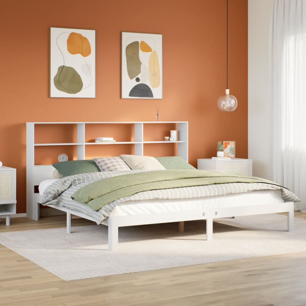 Seng med bokhylle uten madrass hvit 180x200 cm heltre furu