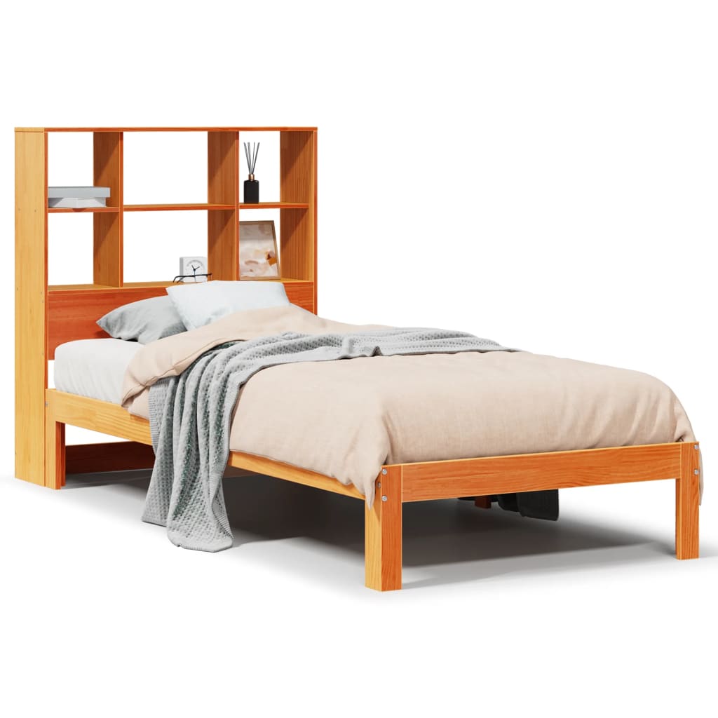 Seng med bokhylle uten madrass voksbrun 75x190 cm heltre furu