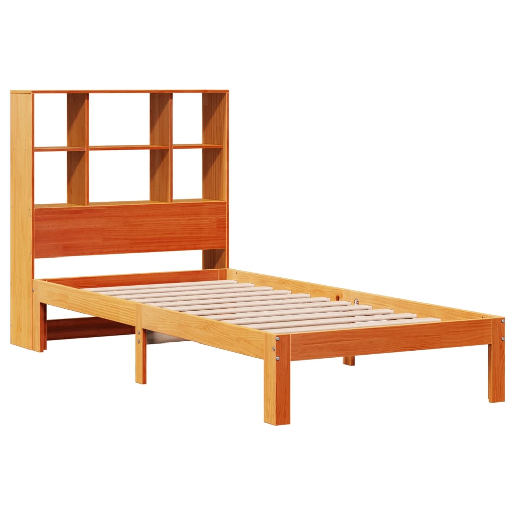 Seng med bokhylle uten madrass voksbrun 75x190 cm heltre furu