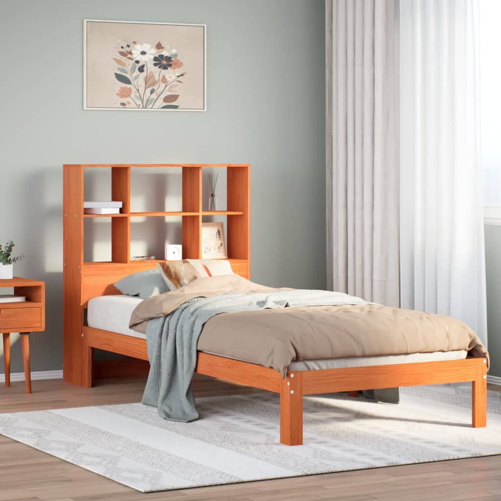 Seng med bokhylle uten madrass voksbrun 75x190 cm heltre furu