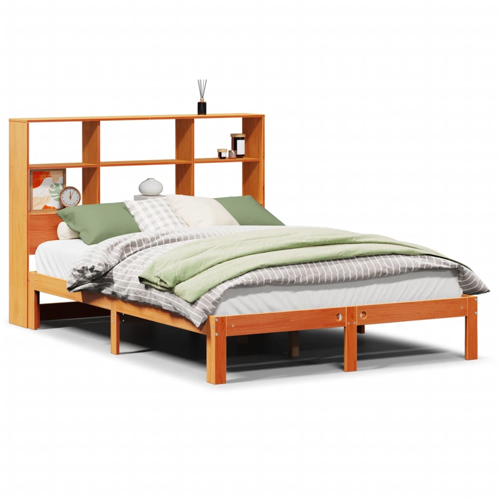 Seng med bokhylle uten madrass voksbrun 120x190 cm heltre furu