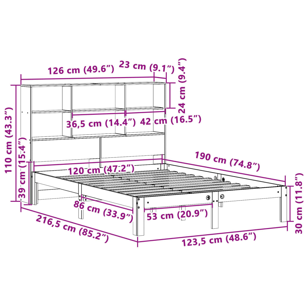 Seng med bokhylle uten madrass voksbrun 120x190 cm heltre furu