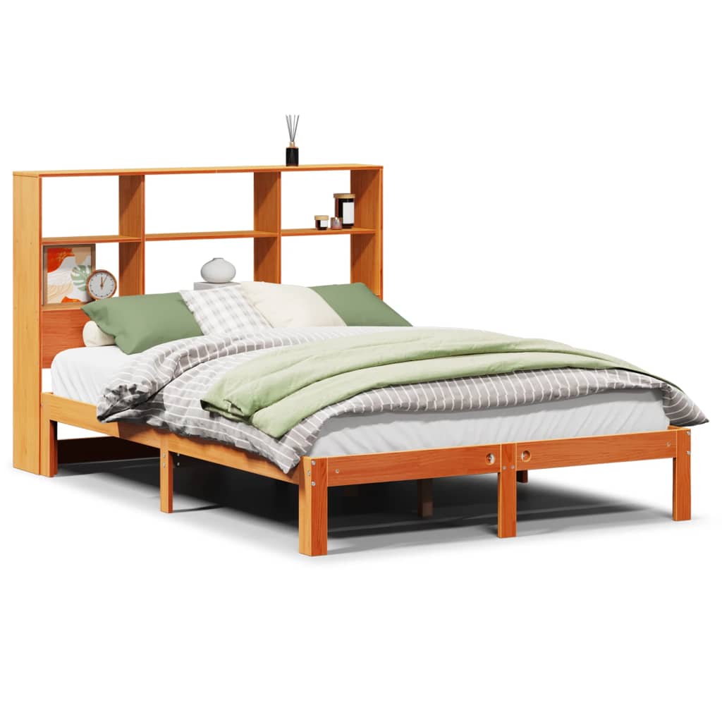Seng med bokhylle uten madrass voksbrun 135x190 cm heltre furu