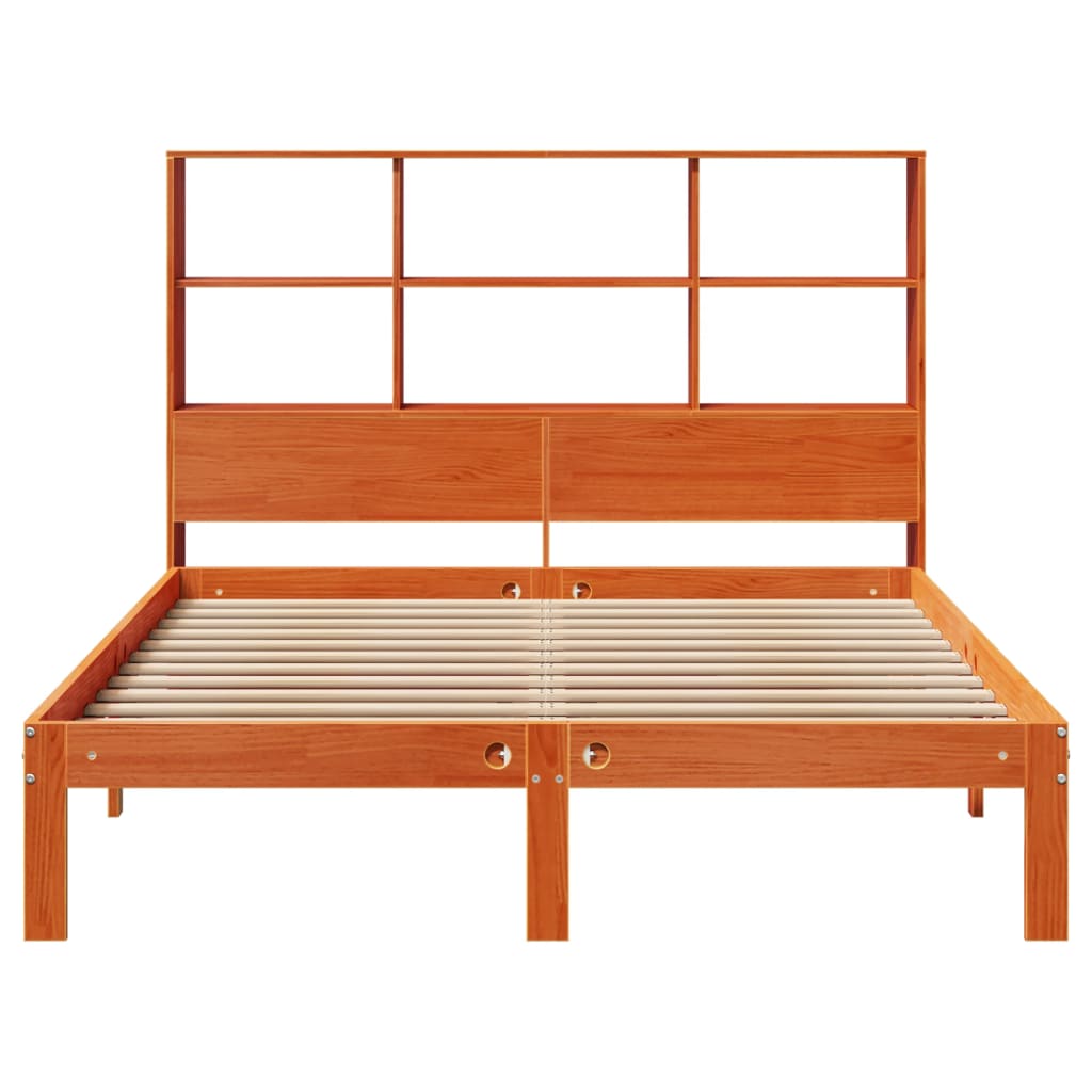Seng med bokhylle uten madrass voksbrun 135x190 cm heltre furu