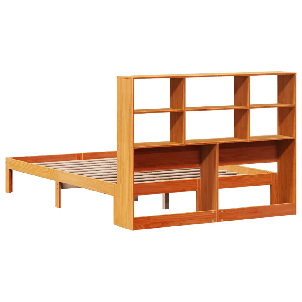 Seng med bokhylle uten madrass voksbrun 135x190 cm heltre furu