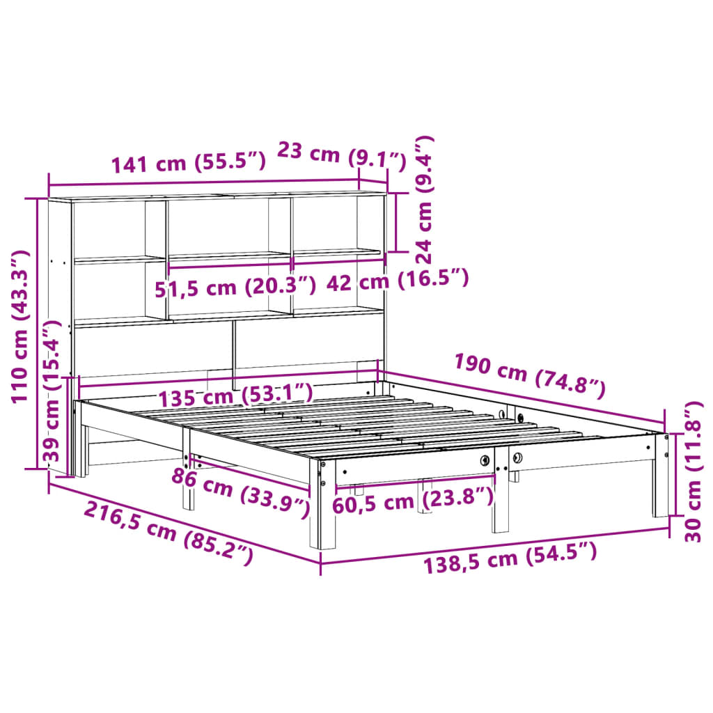Seng med bokhylle uten madrass voksbrun 135x190 cm heltre furu