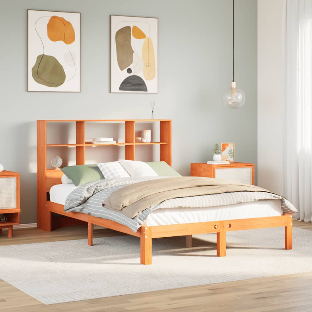 Seng med bokhylle uten madrass voksbrun 135x190 cm heltre furu