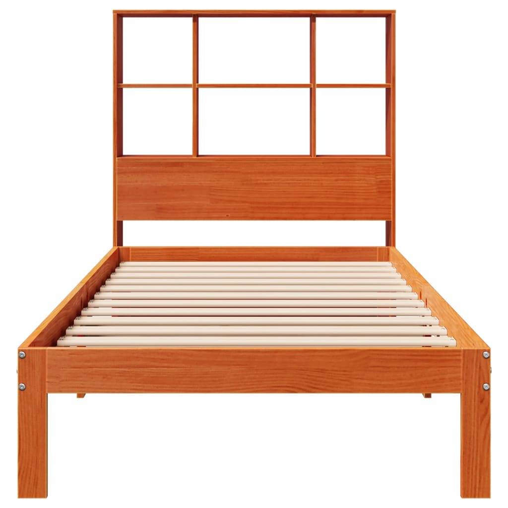Seng med bokhylle uten madrass voksbrun 100x200 cm heltre furu