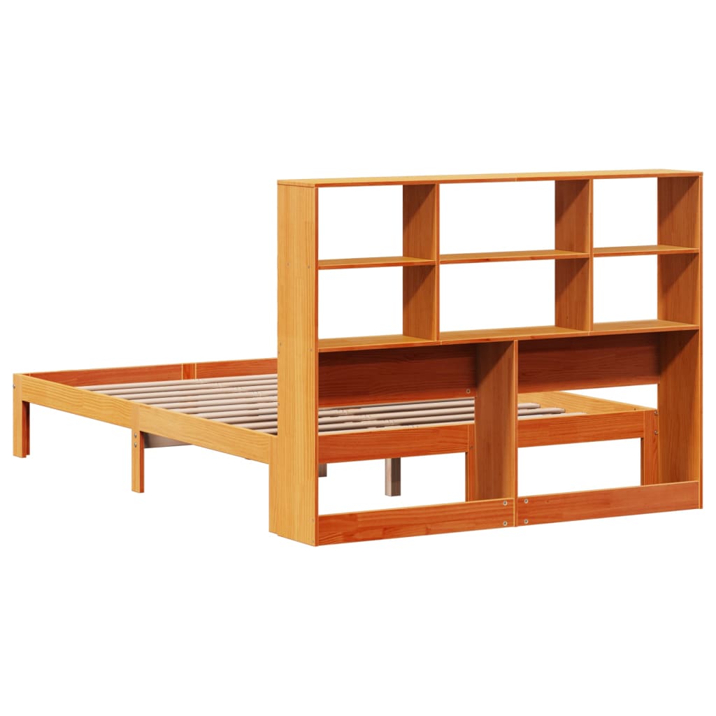 Seng med bokhylle uten madrass voksbrun 140x200 cm heltre furu