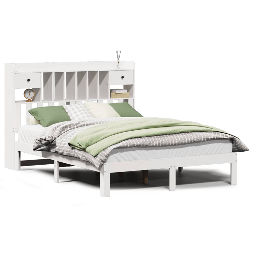 Seng med bokhylle uten madrass hvit 135x190 cm heltre furu
