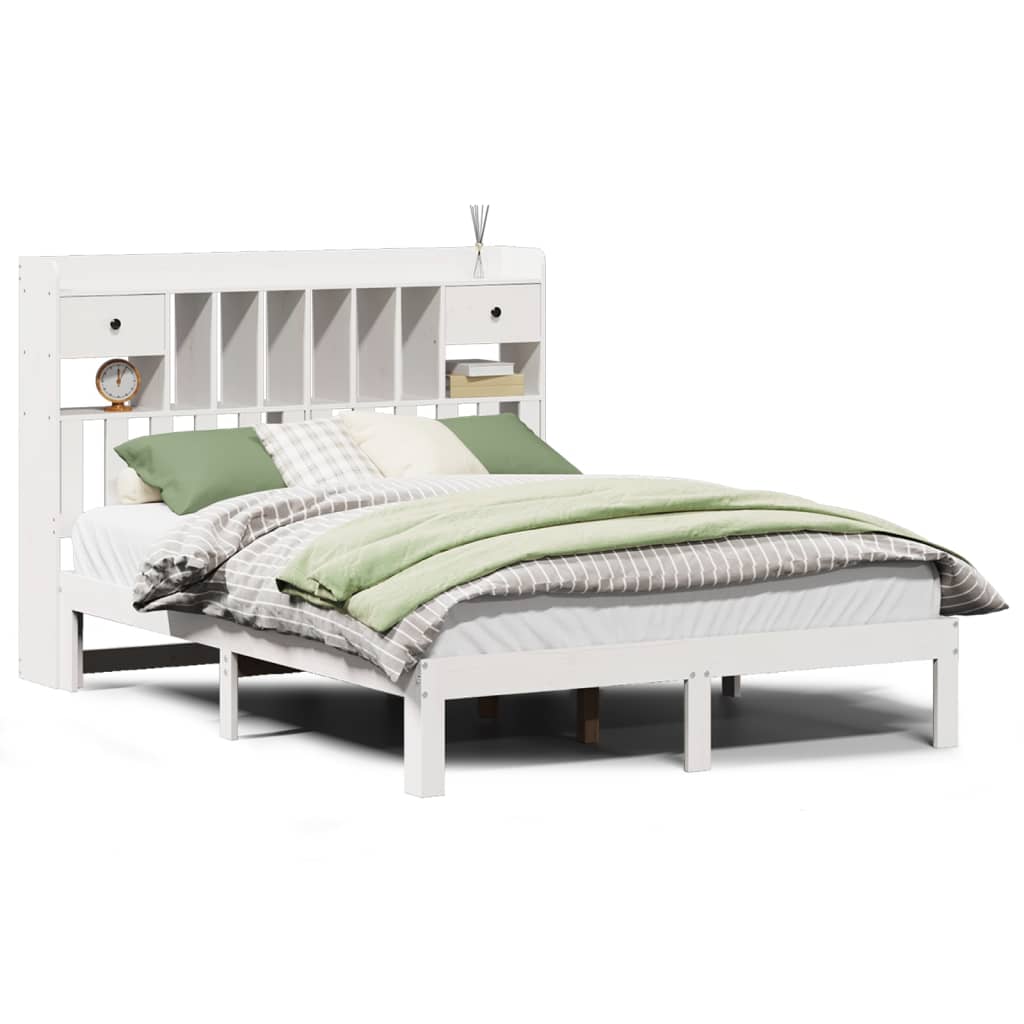 Seng med bokhylle uten madrass hvit 140x190 cm heltre furu