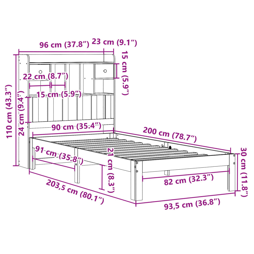 Seng med bokhylle uten madrass 90x200 cm heltre furu