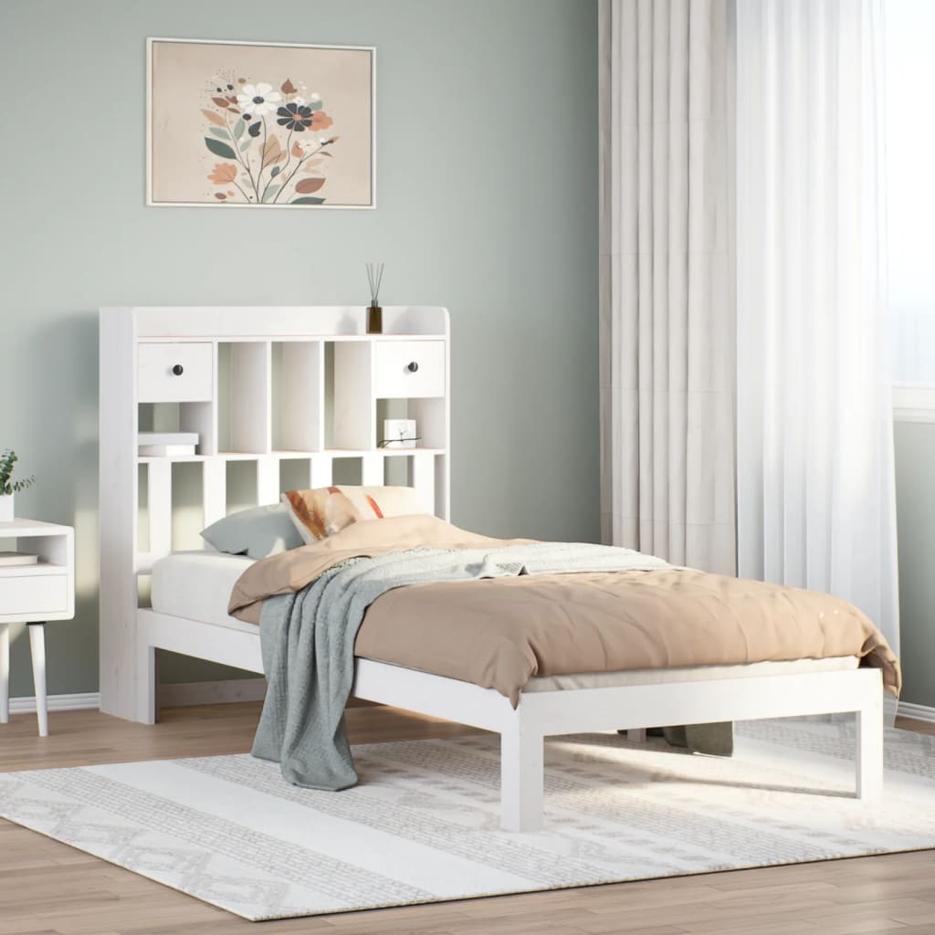 Seng med bokhylle uten madrass hvit 90x200 cm heltre furu