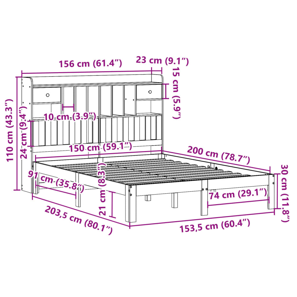 Seng med bokhylle uten madrass hvit 150x200 cm heltre furu