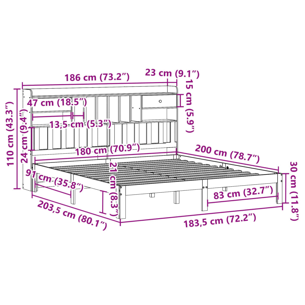 Seng med bokhylle uten madrass 180x200 cm heltre furu
