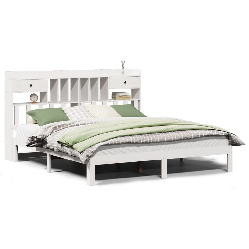 Seng med bokhylle uten madrass hvit 180x200 cm heltre furu