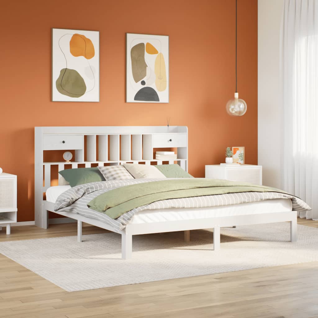 Seng med bokhylle uten madrass hvit 180x200 cm heltre furu