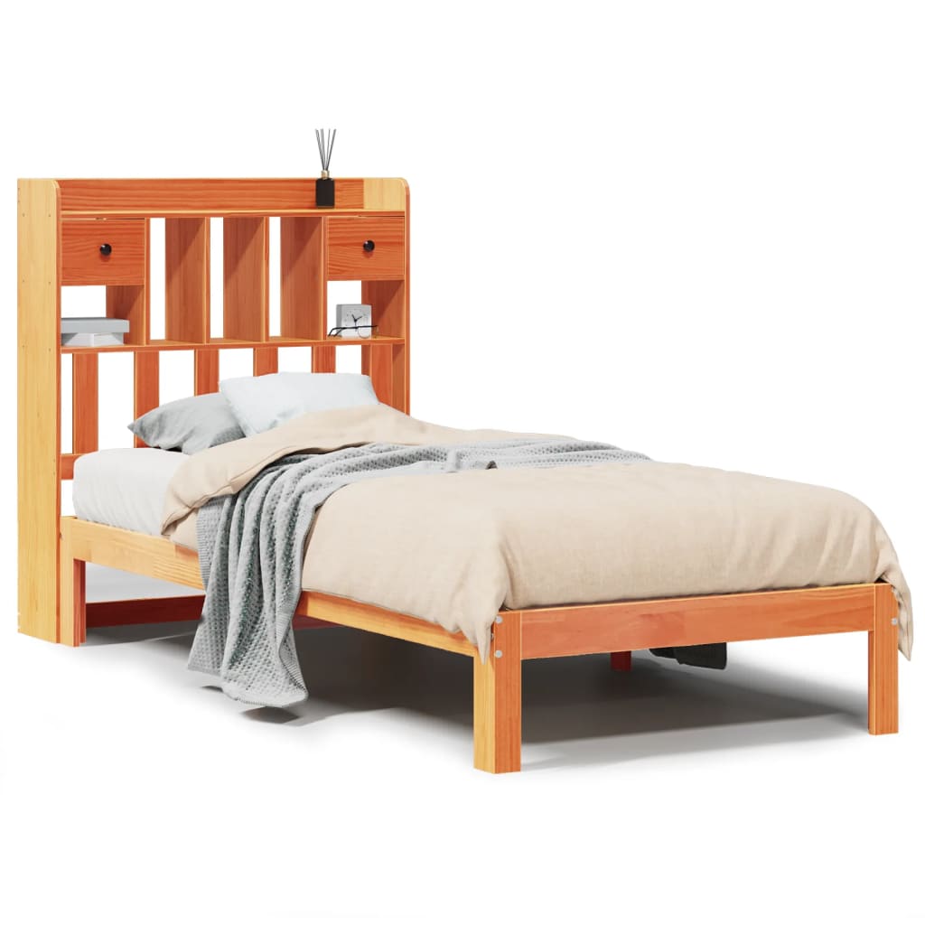 Seng med bokhylle uten madrass voksbrun 75x190 cm heltre furu