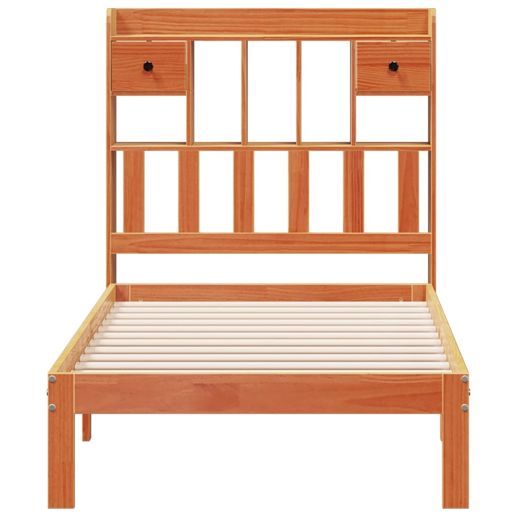 Seng med bokhylle uten madrass voksbrun 75x190 cm heltre furu