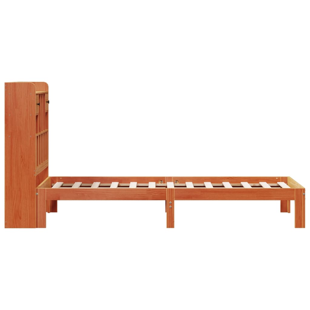Seng med bokhylle uten madrass voksbrun 75x190 cm heltre furu