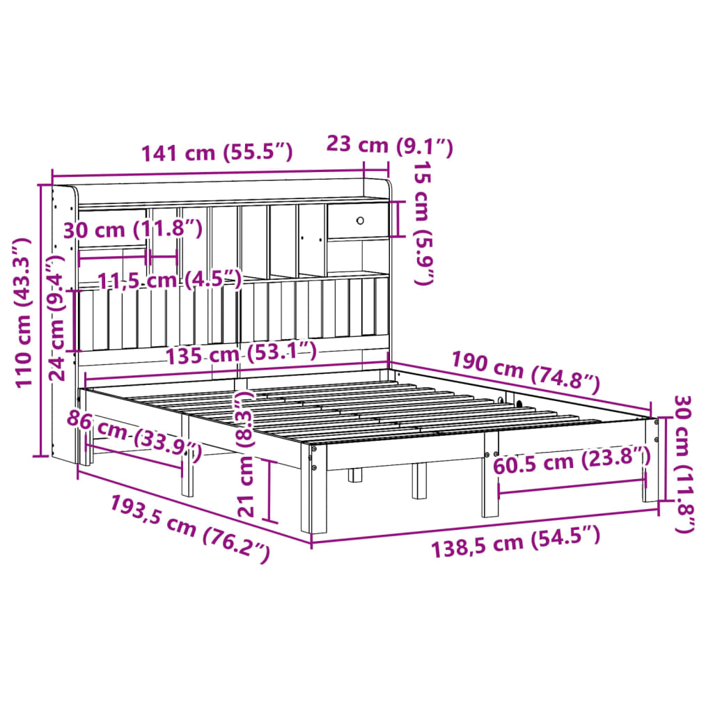 Seng med bokhylle uten madrass voksbrun 135x190 cm heltre furu