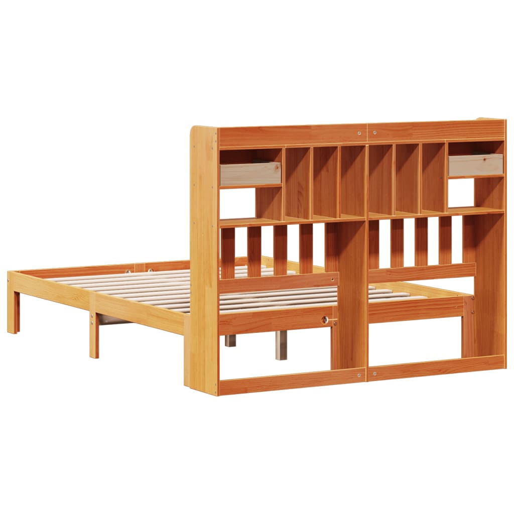 Seng med bokhylle uten madrass voksbrun 140x200 cm heltre furu