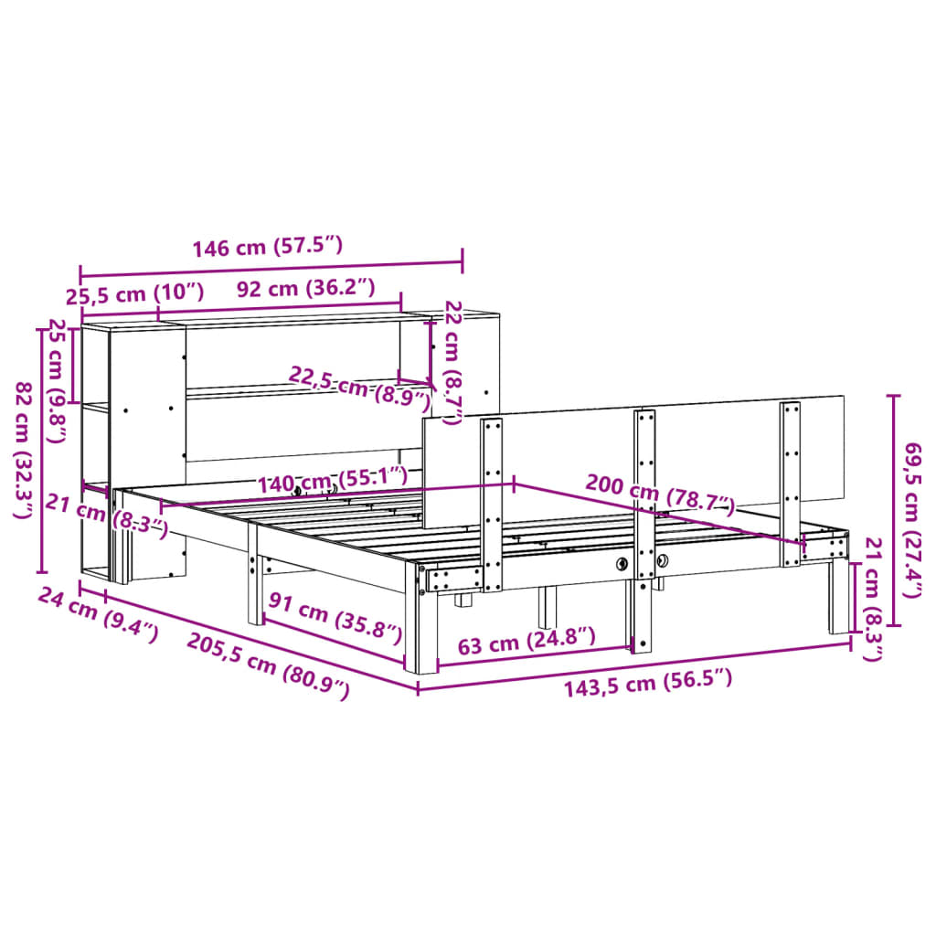 Seng med bokhylle uten madrass hvit 140x200 cm heltre furu