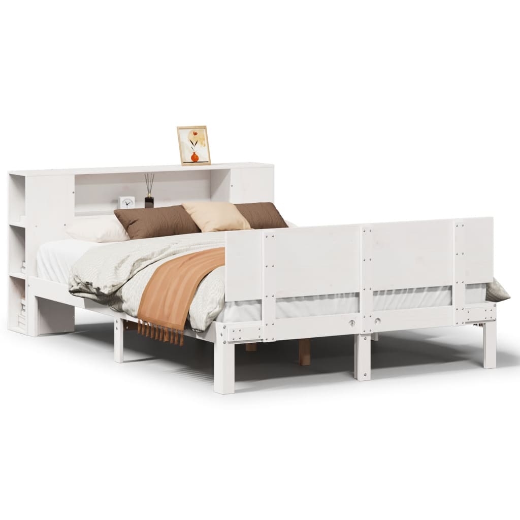 Seng med bokhylle uten madrass hvit 150x200 cm heltre furu