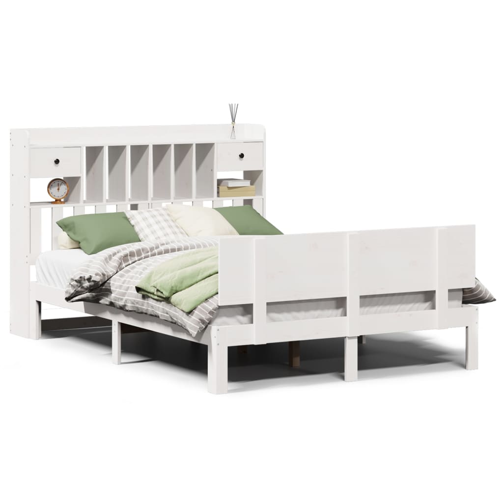 Seng med bokhylle uten madrass hvit 140x200 cm heltre furu