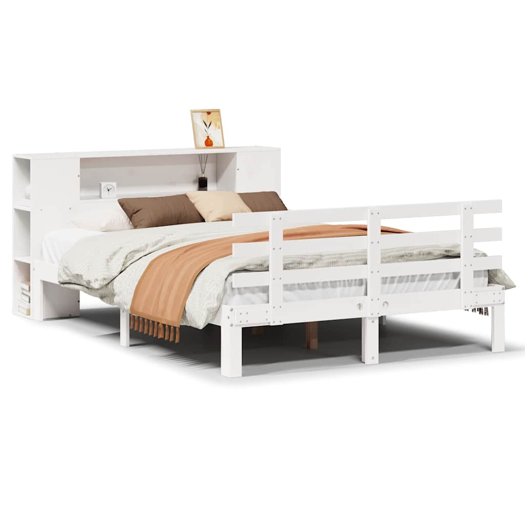 Seng med bokhylle uten madrass hvit 135x190 cm heltre furu