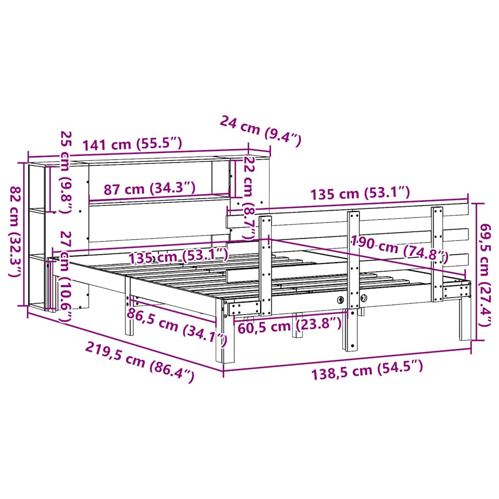Seng med bokhylle uten madrass hvit 135x190 cm heltre furu