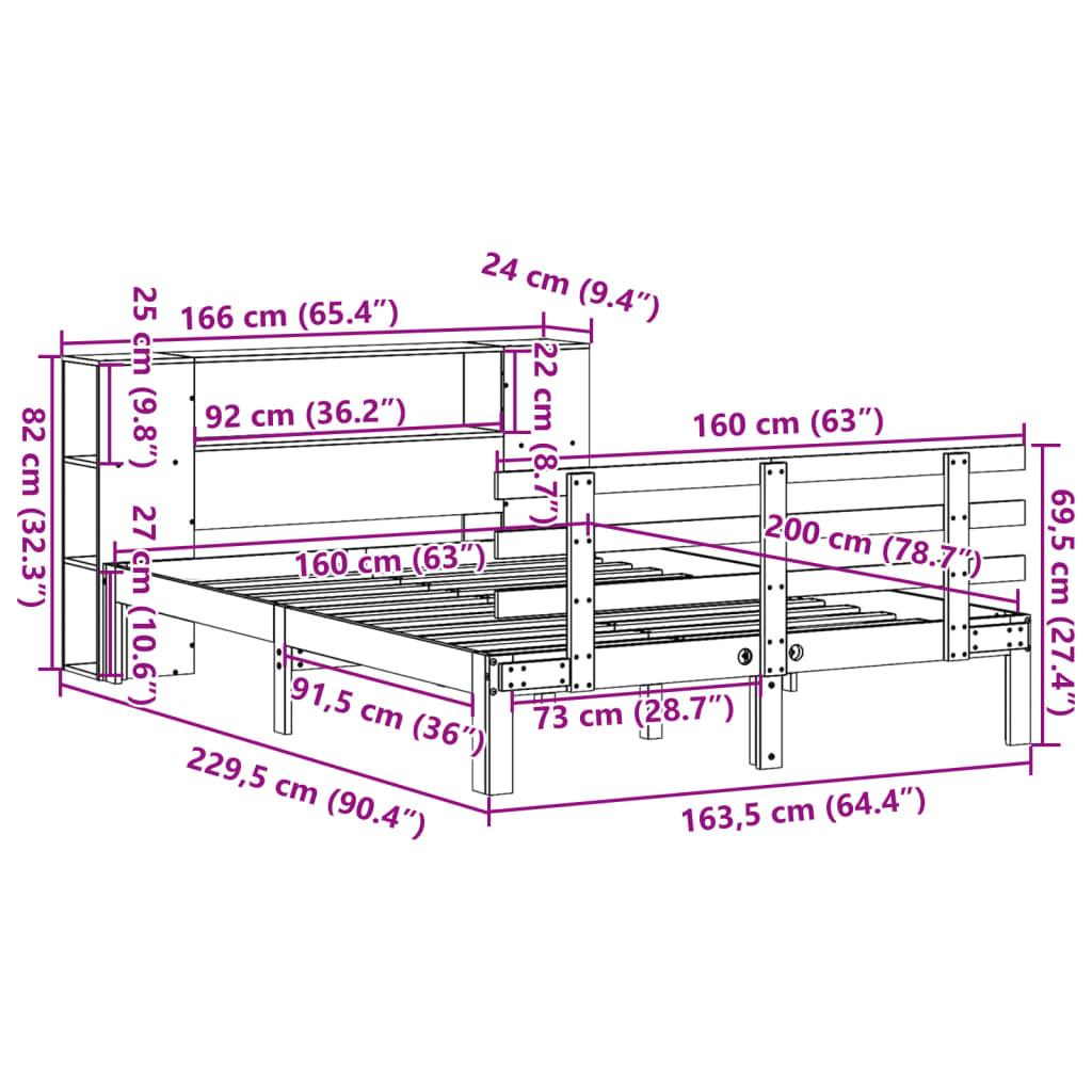 Bokhylleseng uten madrass hvit 160x200 cm heltre furu